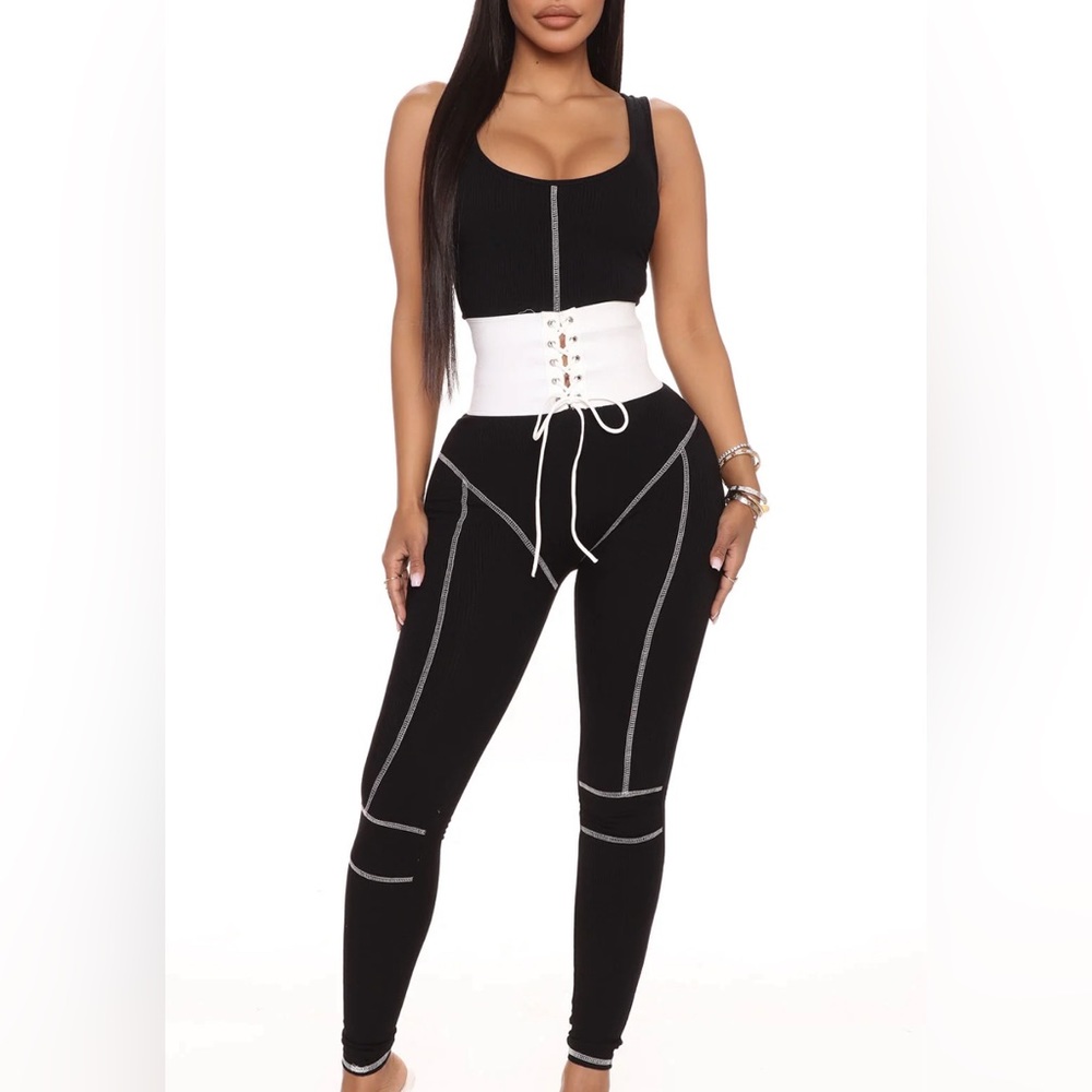 Women’s Fashion Nova Ribbed Jumpsuit Corset Detail Black/White Size S Small